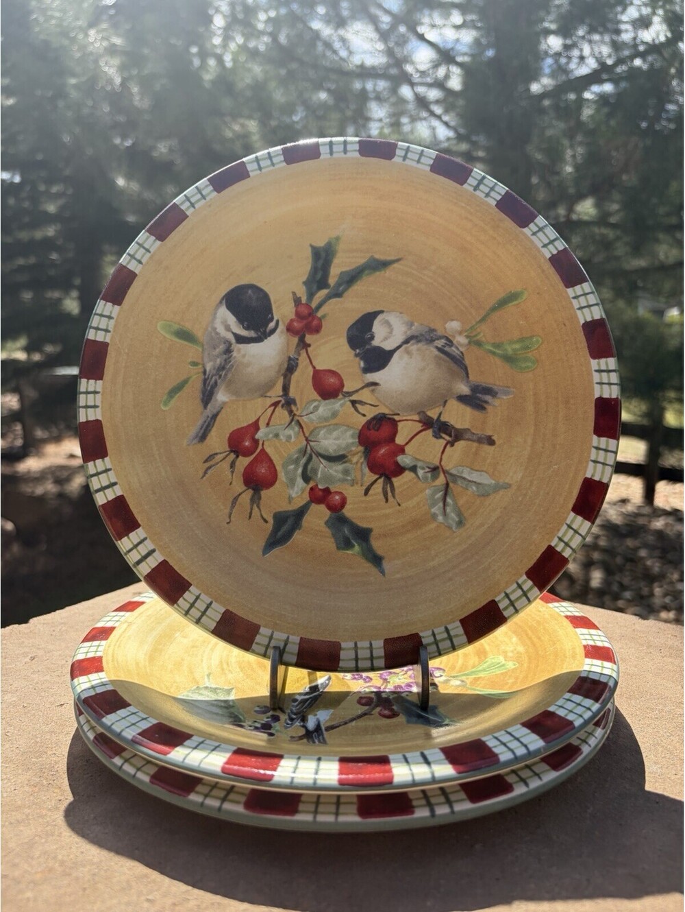 3 LENOX WINTER GREETINGS SALAD / DESSERT PLATE Red Green Trim Birds 8.5"
